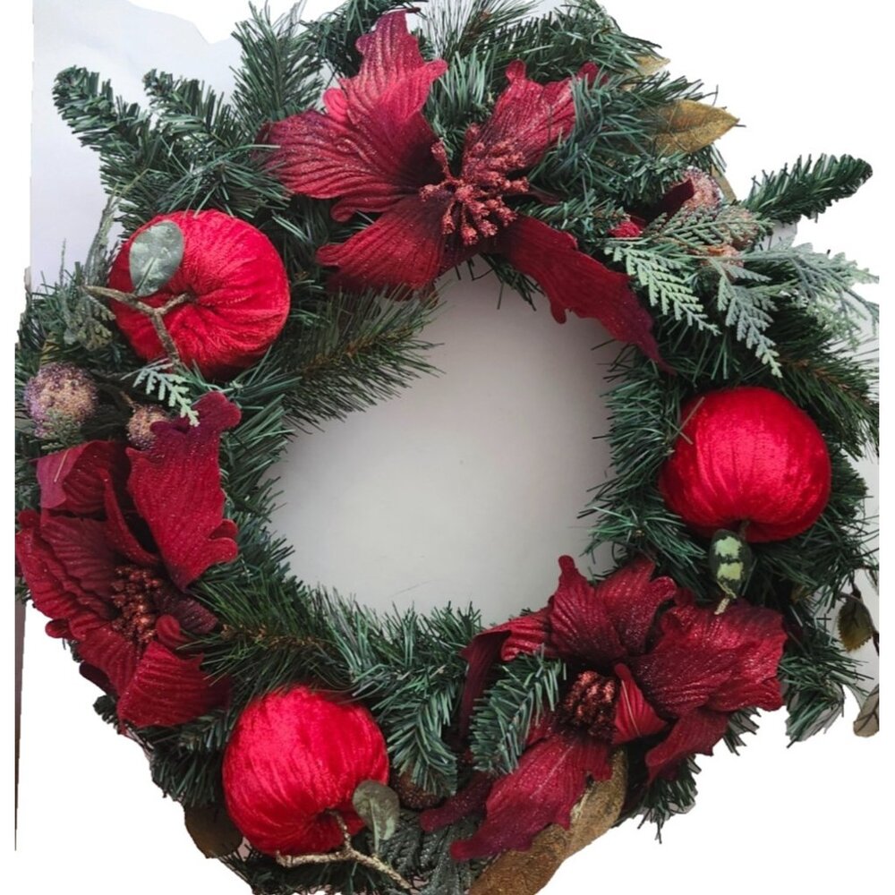Chrismas Wreath Apples 19"  Poinsettia  Glitter